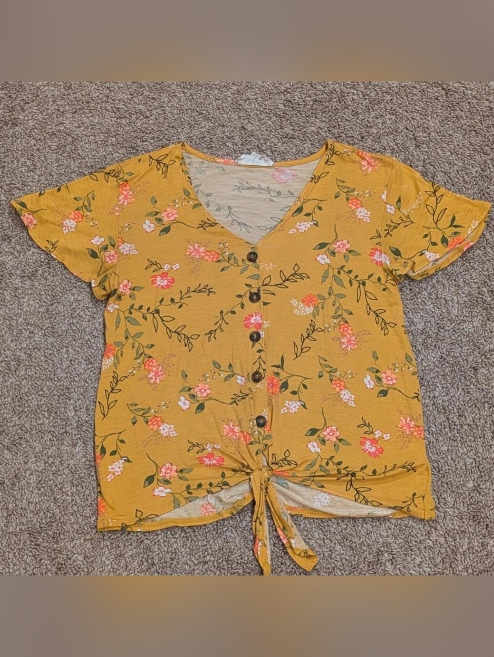 Pink Rose Mustard Floral Button-Front Tie Top